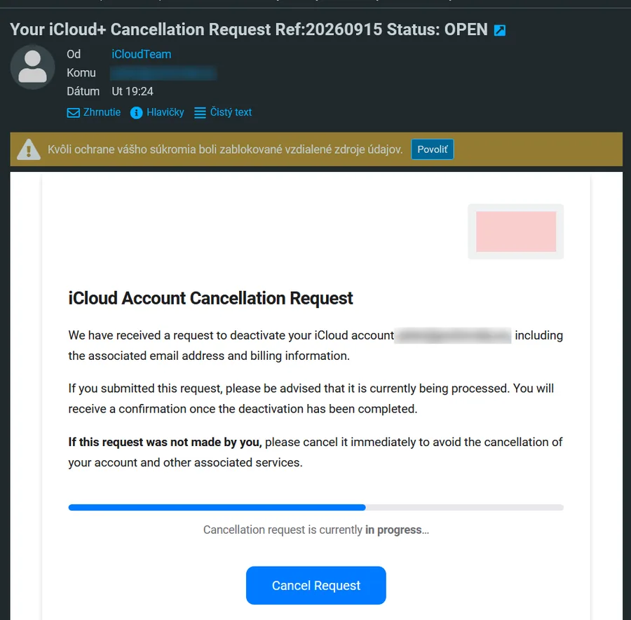 Podvodný e-mail iCloud Account Cancellation Request s tlačidlom Cancel Request