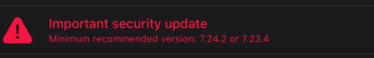 Červené upozornenie Important security update v aplikácii MikroTik s odporúčanou minimálnou verziou 7.24.2 alebo 7.23.4