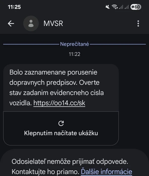 Scam SMS from a fake sender MVSR about a traffic violation with a link to oo14.cc