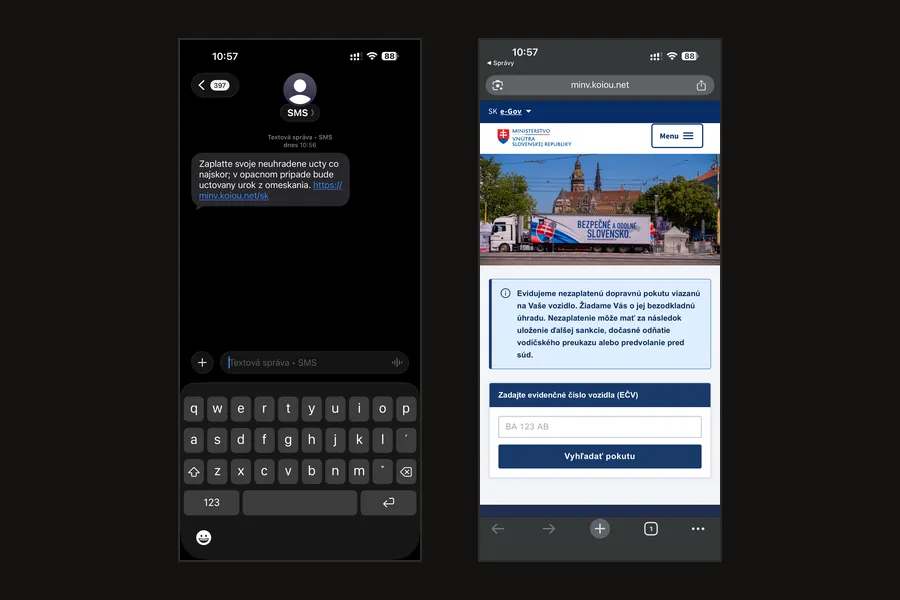 Pozor na podvodnú SMS o nezaplatenej pokute (falošné Ministerstvo vnútra)