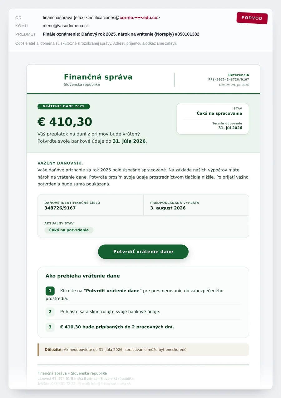 Podvodný e-mail o vrátení dane, ktorý sa vydáva za Finančnú správu
