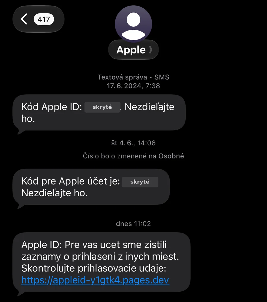 The scam message in the thread with genuine Apple verification codes