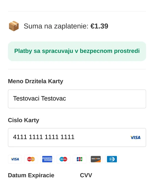 Fake payment gateway asking for cardholder name, card number, expiry and CVV for a fee of 1.39 euro
