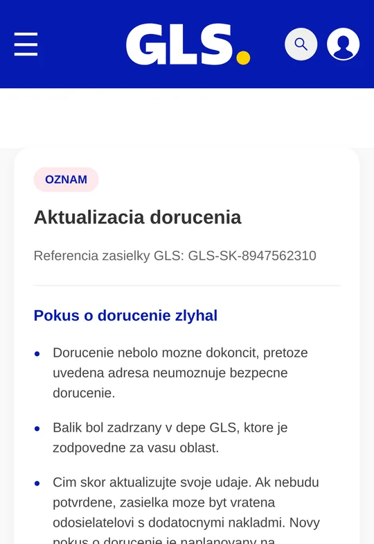 Fake GLS page with a failed delivery notice and a button to update the address
