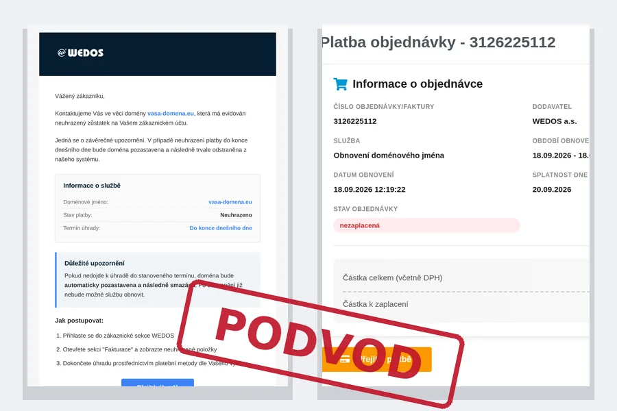 „Doména bude dnes zmazaná“: sledovali sme podvod od e-mailu až po falošnú platobnú bránu WEDOS