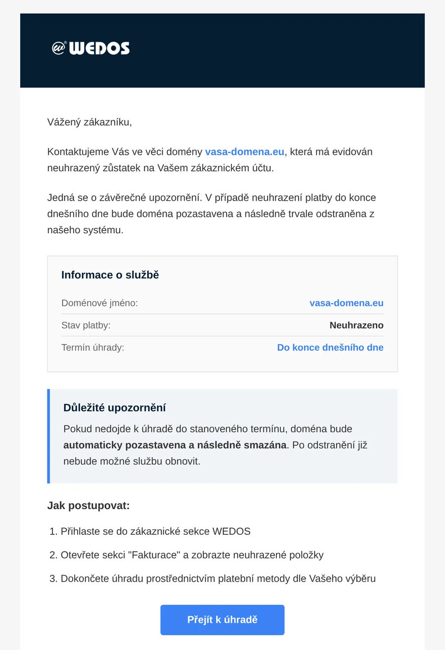 Podvodný e-mail napodobňujúci WEDOS s upozornením na neuhradenú faktúru za doménu a tlačidlom Přejít k úhradě