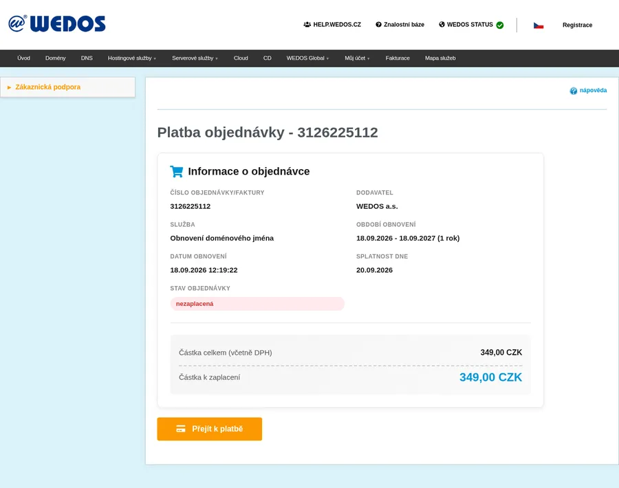 Falošná platobná brána napodobňujúca zákaznícku sekciu WEDOS s objednávkou 3126225112 na 349 Kč a tlačidlom Přejít k platbě