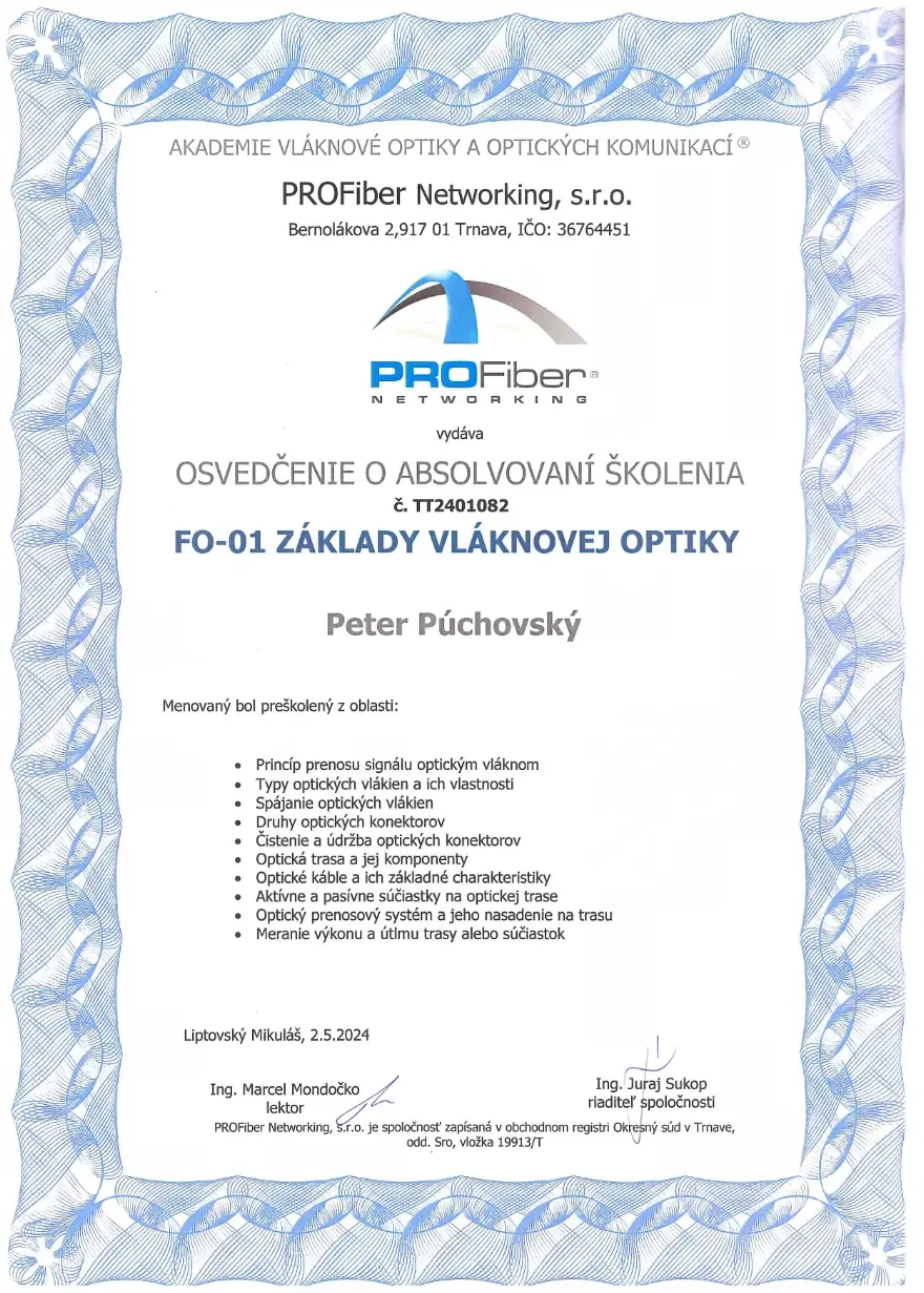 Pro-Fiber certificate - optical networks